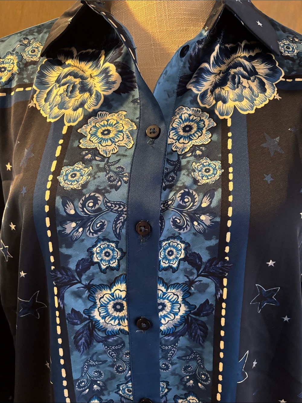 Rachel Zoe Celestial Star Print Floral Blouse Silky Button Up Long Sleeve Navy - Picture 2 of 6